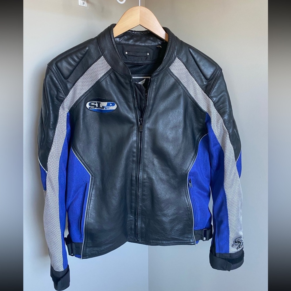 STREET LEGAL PERFORMANCE Leather Motorcycle Jacket padded Sz Medium Black/Blue